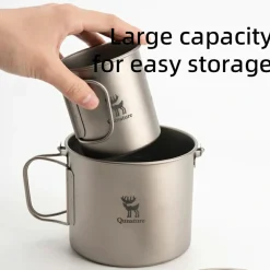 Qunature 1100ml Pure Titanium Camping Cup with Foldable Handle Lightweight