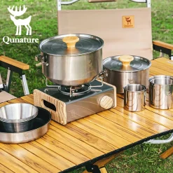 Qunature 304 Stainless Steel 5-Piece Camping Cookware Set with Teflon Coating