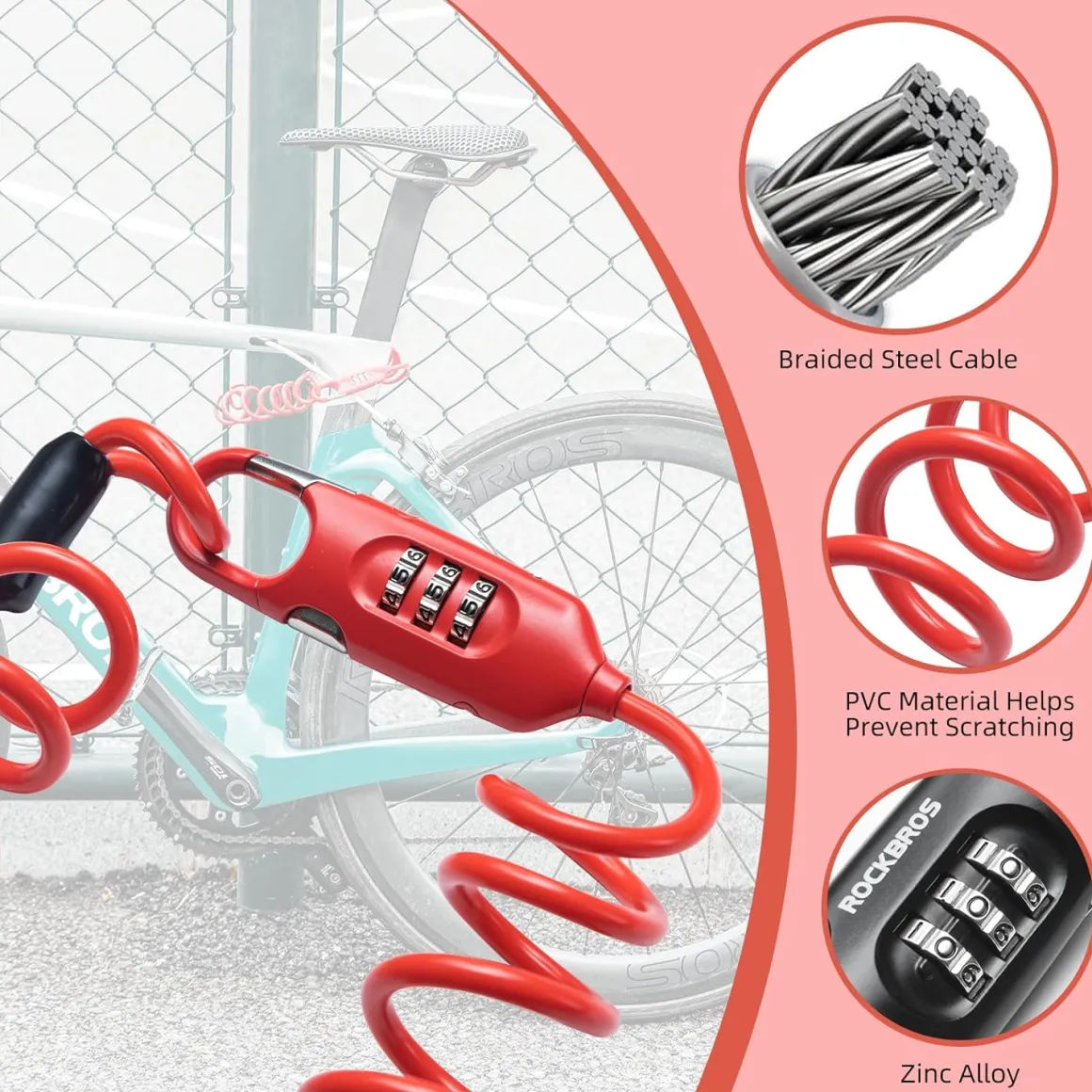 ROCKBROS Bike Lock Cable Combination Bicycle Lock - 6FT Long, Portable, Anti-Theft