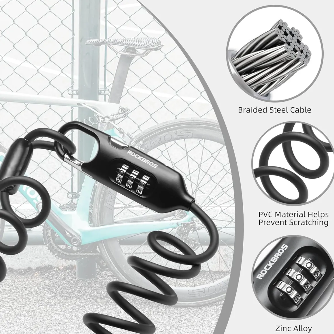 ROCKBROS Bike Lock Cable Combination Bicycle Lock - 6FT Long, Portable, Anti-Theft