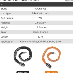 ROCKBROS Bike Lock Chain Bicycle Lock, Heavy Duty Anti Theft