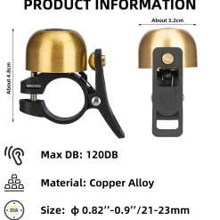 ROCKBROS Copper Alloy Bike Bell, Loud Classic Ring, Fits 21-23mm Handlebars for Adults