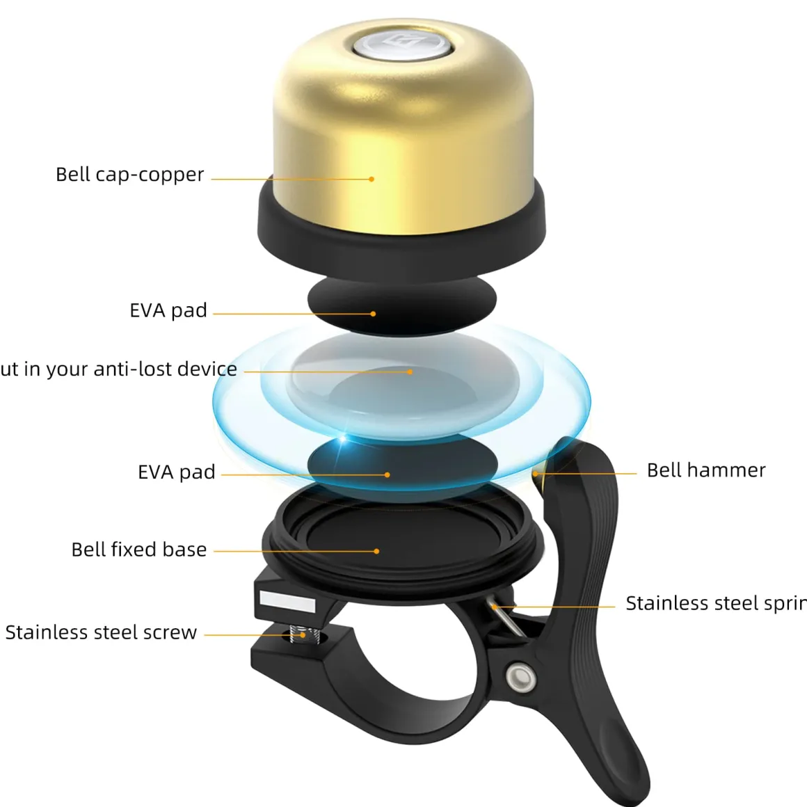 ROCKBROS Hidden AirTag Bike Bell, Anti-Theft GPS Tracker for 0.87"/22.2mm, 1"/25.4mm, 1.25"/31.8mm Handlebars