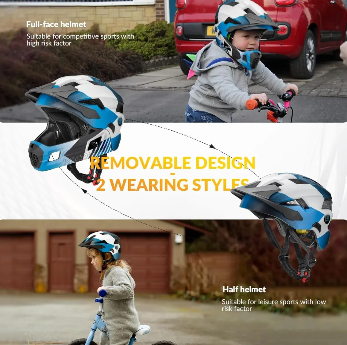 ROCKBROS Kids Full Face Bike Helmet Ages 5-14 Anti-Collision Detachable Chin