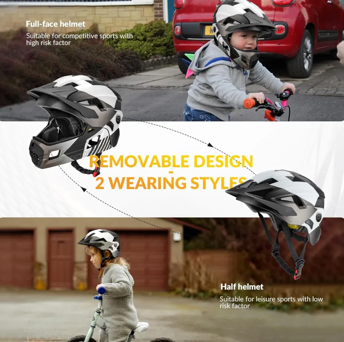 ROCKBROS Kids Full Face Bike Helmet Ages 5-14 Anti-Collision Detachable Chin