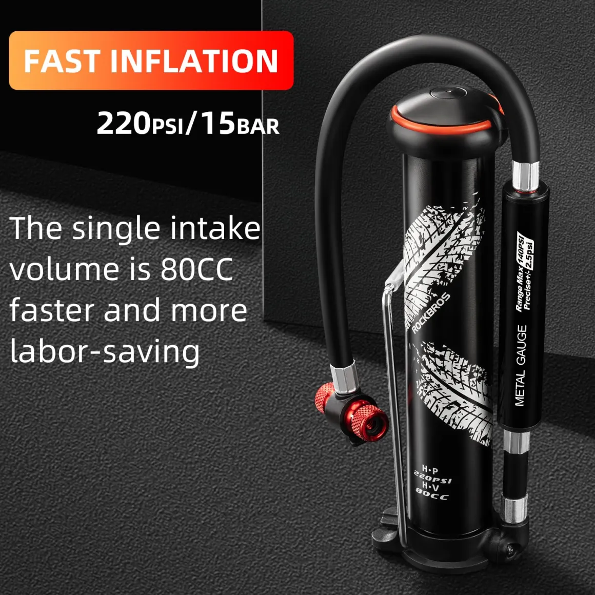 ROCKBROS Mini Portable Bike Pump with Hidden Gauge 220PSI