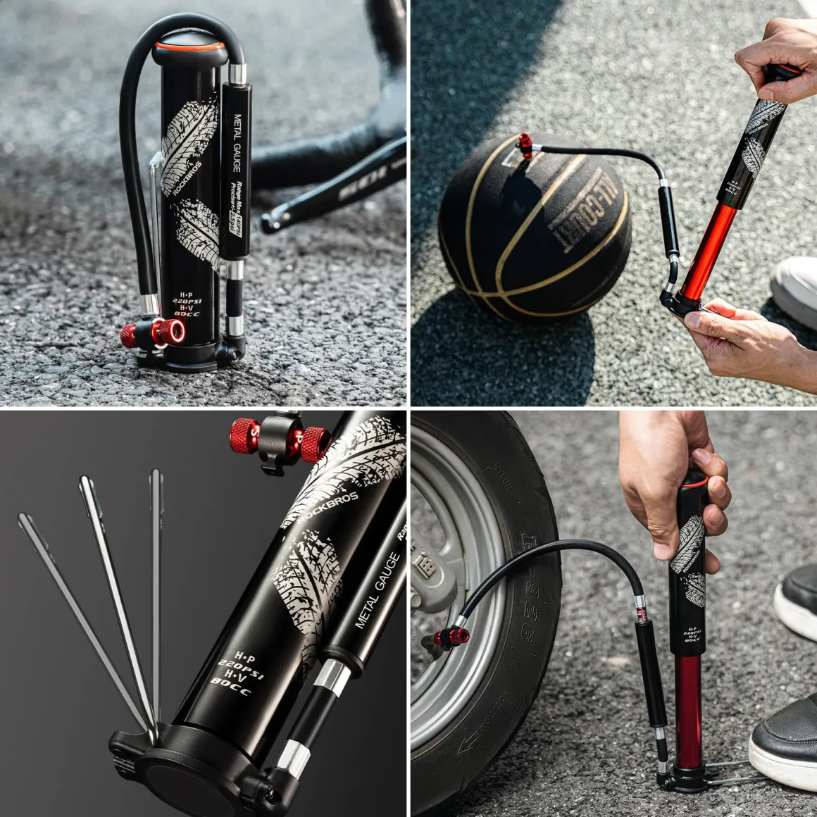 ROCKBROS Mini Portable Bike Pump with Hidden Gauge 220PSI