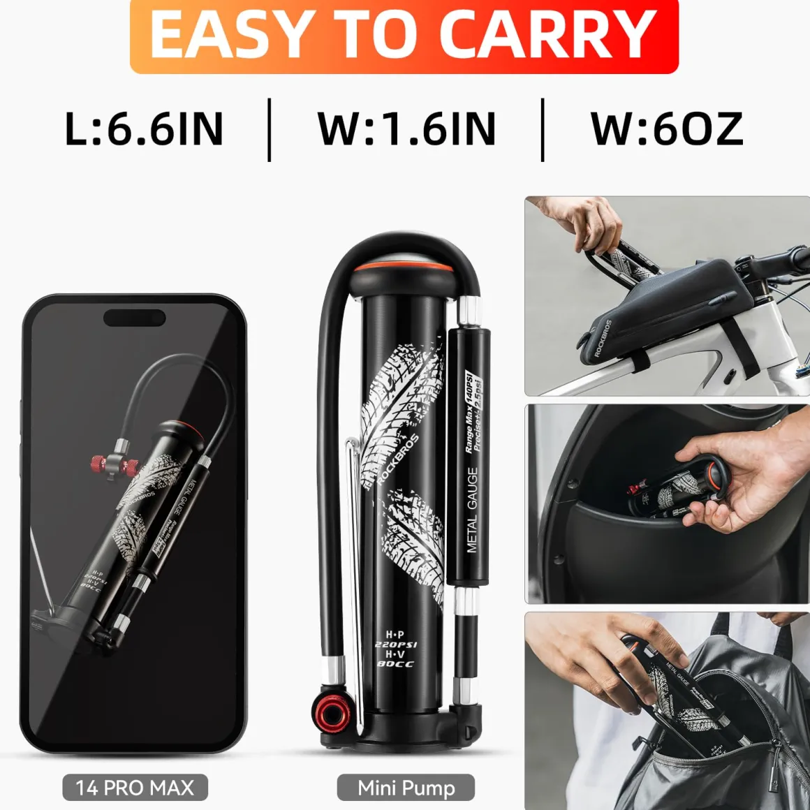 ROCKBROS Mini Portable Bike Pump with Hidden Gauge 220PSI