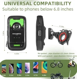 ROCKBROS Motorcycle Phone Mount Waterproof Handlebar Bag Phones Below 6.8”