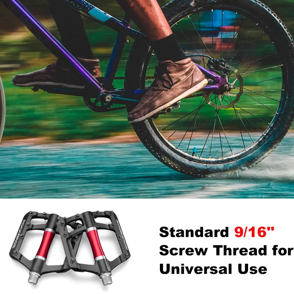 ROCKBROS MTB Pedals Platform Bike Pedal Aluminum 9/16" Bicycle Pedal Non-Slip Lightweight Flat Pedals for BMX Road Mountain Bikes