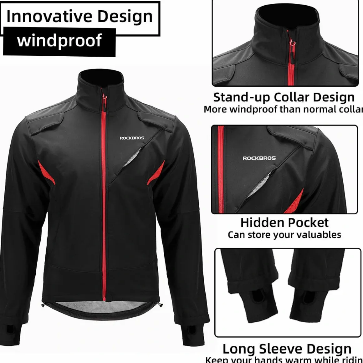 ROCKBROS Winter Cycling Jacket Thermal Fleece Windproof Jacket Running Biking Hiking